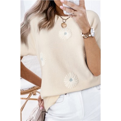 Beige Flower Pattern Short Sleeve Knitted Top