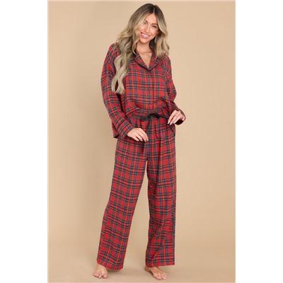 Fiery Red Tartan Plaid Print Long Sleeve Shirt and Pants Pajama Set