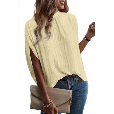 White Wavy Textured Split Sleeve High Neck Blouse