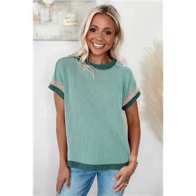 Grass Green Textured Contrast Trim Round Neck T Shirt