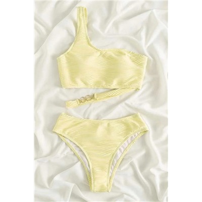 Yellow Cream Wavy Textured Asymmetrical One Shoulder Bikini