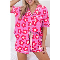 Pink Flower Print Short Sleeve Shirt Pajamas Set