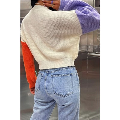 Multicolour Flower Applique Colorblock Drop Shoulder Sweater