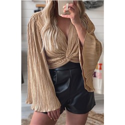 Camel Pleated Bell Sleeve Twist V Neck Cropped Blouse