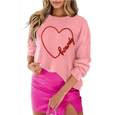 Pink Howdy Heart Graphic Round Neck Casual Sweater