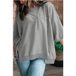 Light Grey Exposed Seam Chest Pocket Split Loose T Shirt