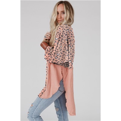 Pink Raw Edge Leopard Patchwork Oversized Blouse