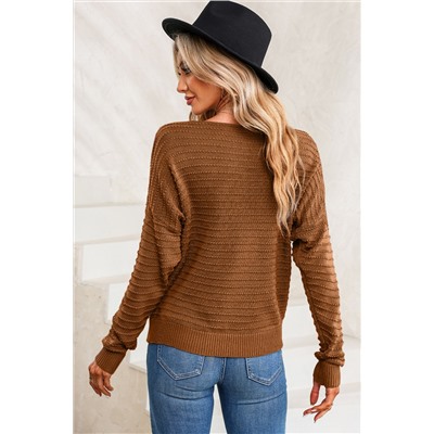 Brown Textured Knit Round Neck Dolman Sleeve Sweater