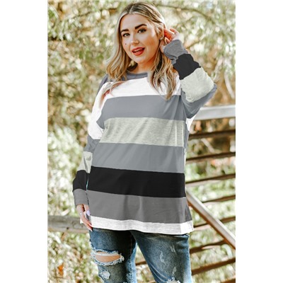 Gray Stripe Plus Size Colorblock Pullover Top