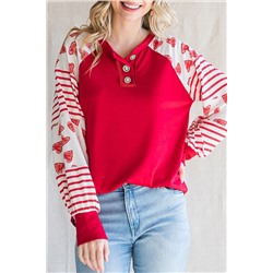 Fiery Red Heart Striped Raglan Sleeve Henley Top