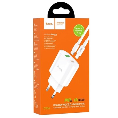 Адаптер Сетевой с кабелем Hoco C95A PD QC3.0 (повр. уп.) USB/Type-C 3A/20W (Type-C/Lightning) (white)