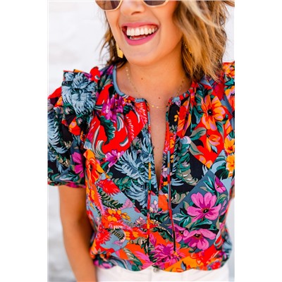 Multicolour Floral Print Ruffle Trim Bubble Sleeve Split Neck Blouse