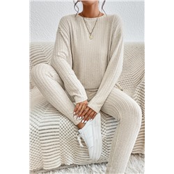 Apricot Ribbed Knit Loose Long Sleeve Top Skinny Pants Set