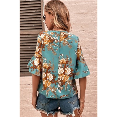 Mineral Blue Flare Sleeve Floral Blouse