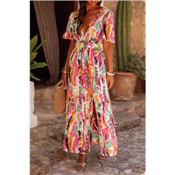 Pink Boho Tie-dye Print V Neck Maxi Dress