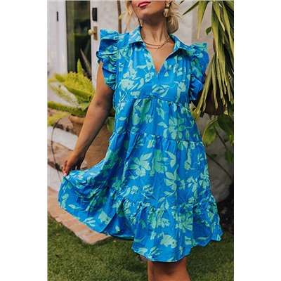 Sky Blue Plus Size Floral Print Flutter Sleeve Buttoned Mini Dress