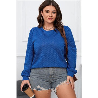 Dark Blue Cable Pattern Puff Sleeve Plus Size Top