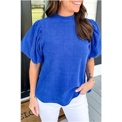 Sky Blue Solid Textured Puff Sleeve Mock Neck Blouse