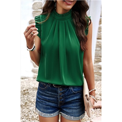 Bright Green Pleated Mock Neck Frilled Trim Sleeveless Top