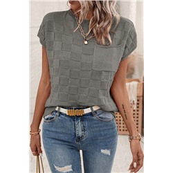 Gray Lattice Textured Knit Short Sleeve Sweater