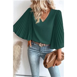 Blackish Green 3/4 Pleated Bell Sleeve V Neck Blouse