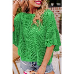 Green Pointelle Knit Scallop Edge Short Sleeve Top