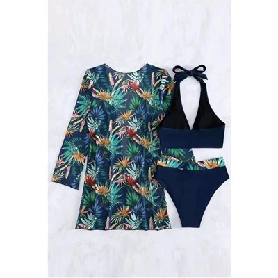 Black 3pcs Tropical Contrast Trim Halter Bikini Set with Cover up