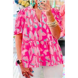 Rose Plus Abstract Print Puff Sleeve V Neck Blouse