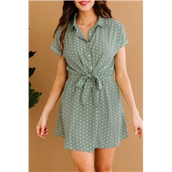 Светло-зеленое платье-рубашка в горошек с короткими рукавами