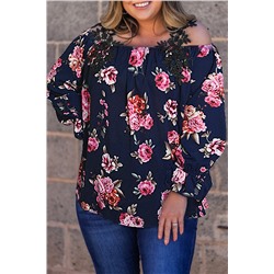 Navy Blue Plus Size Crochet Detail Cold shoulder Floral Blouse