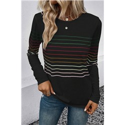 Black Multicolor Striped Crew Neck Long Sleeve Top