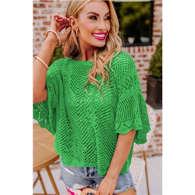 Green Pointelle Knit Scallop Edge Short Sleeve Top