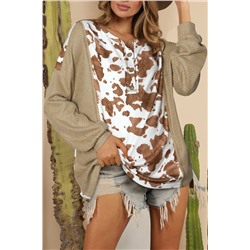 Pale Khaki Animal Print Textured Patch Lantern Sleeve Henley Blouse