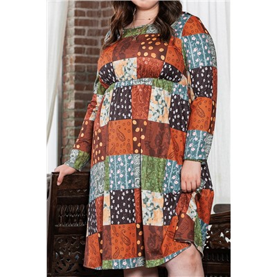 Green Printed Multicolor Western Checkered Plus Size Swing Dress