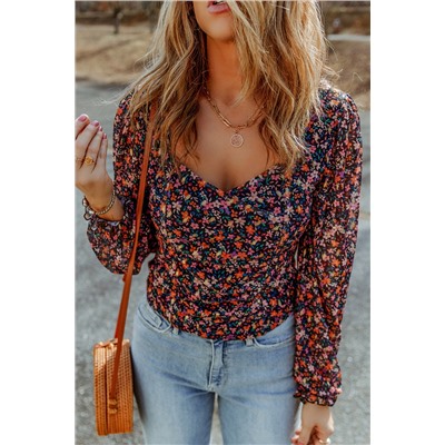 Black  V Neck Bubble Sleeve Floral Blouse