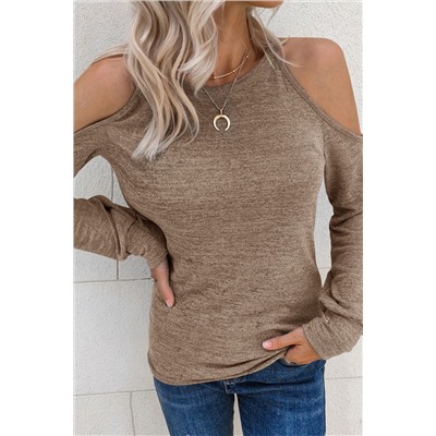 Khaki Marble Knit Cold Shoulder Long Sleeve Top