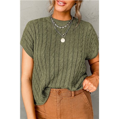 Jungle Green Crew Neck Cable Knit Short Sleeve Sweater