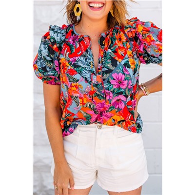 Multicolour Floral Print Ruffle Trim Bubble Sleeve Split Neck Blouse