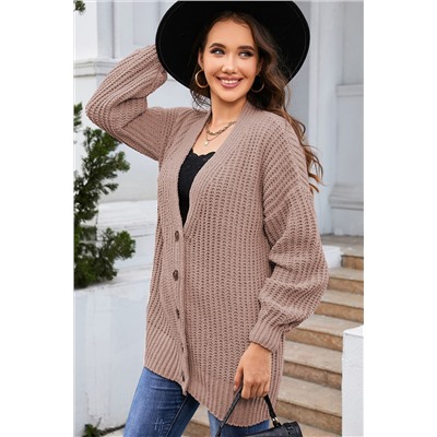 Khaki Buttoned Front Drop Shoulder Knitted Cardigan