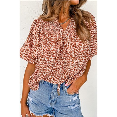 Brown Printed Tie Split Neck Puff Sleeve Blouse