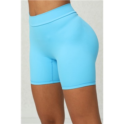 Sky Blue Solid Ruched Butt Lifting High Waist Sports Shorts