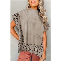 Smoke Gray Leopard Trim High Neck Short Sleeve Loose Sweater