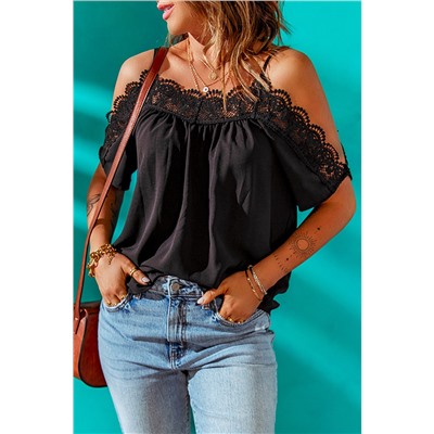 Black Crochet Neckline Off-shoulder Short Sleeve Top