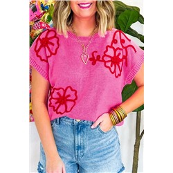 Bright Pink Corded Flower Embroidery Short Sleeve Knitwear Top