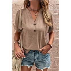 Khaki Button V Neck Rolled Short Sleeve T Shirt