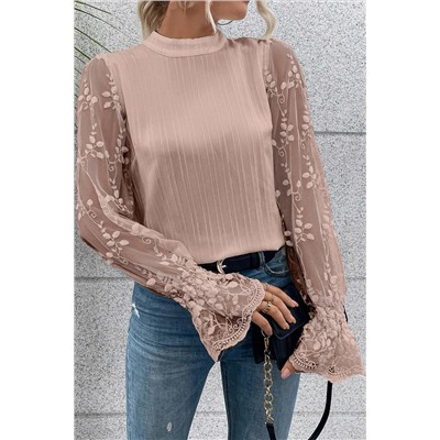 Apricot Pink Contrast Lace Sleeve Mock Neck Textured Blouse