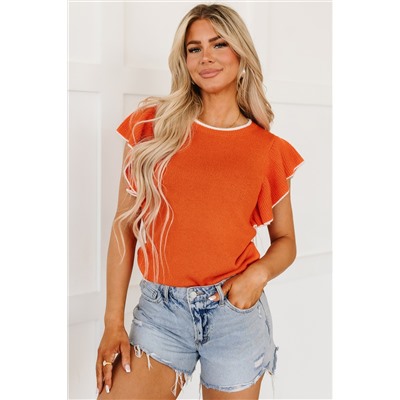 Russet Orange Contrast Trim Ruffle Sleeve Knitted Top