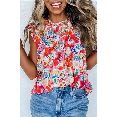 Red Frilled Neck Pleated Boho Floral Tank Top