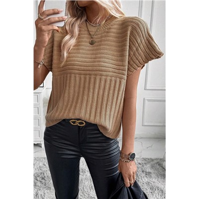 Light French Beige Rib Knitted Wide Sleeve Sweater T Shirt