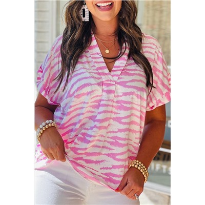 Rose Zebra Pattern V Neck Short Sleeve Blouse